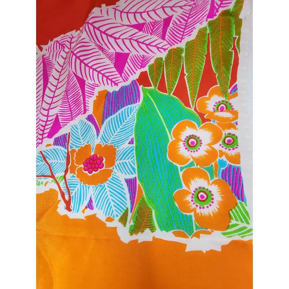 Saldarini Italy Silk Square Scarf Tropical Floral Orange Rust Magenta 30in